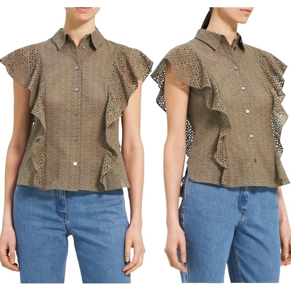 Theory Nova Ruffled Cotton Eyelet Cap sleeve Button Down Blouse Shirt NEW Size S - Picture 2 of 10